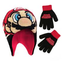 Conjunto de chapéu de inverno e luvas para crianças Nintendo Super Mario 4-7 anos