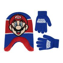 Conjunto de chapéu de inverno e luvas para crianças Nintendo Super Mario 4-7 anos