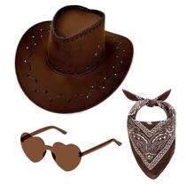 Conjunto de chapéus de caubói marrom de pele de veado com bandana e óculos de sol de coração Conjunto de chapéus de caubói marrom de pele de veado com bandana e óculos de sol de coração