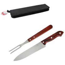 Conjunto De Churrasco Inox Com Faca 8'' + Garfo Com Cabo De Madeira No Estojo