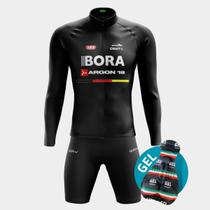 Conjunto de Ciclismo Bermuda de Forro Gel Bolsos Laterais e Camisa Manga Longa Proteção Uv Zíper Total e 3 Bolsos Utilitários Traseiros