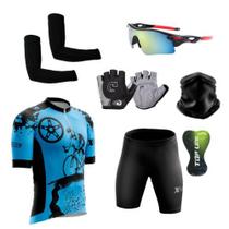 Conjunto de Ciclismo Camisa C/ Proteção UV e Bermuda em Gel + Luvas Ciclismo + Óculos de Proteção + Manguitos + Bandana