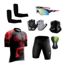 Conjunto de Ciclismo Camisa C/ Proteção UV e Bermuda em Gel + Luvas Ciclismo + Óculos de Proteção + Manguitos + Bandana