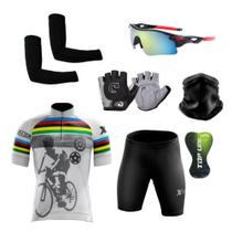 Conjunto de Ciclismo Camisa C/ Proteção UV e Bermuda em Gel + Luvas Ciclismo + Óculos de Proteção + Manguitos + Bandana