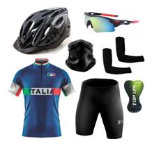 Conjunto de Ciclismo Camisa e Bermuda C/ Proteção UV + Capacete de Ciclismo C/ Luz Led + Óculos Esportivo Espelhado + Par de Manguitos + Bandana