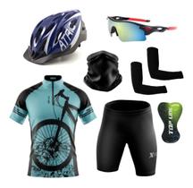 Conjunto de Ciclismo Camisa e Bermuda C/ Proteção UV + Capacete de Ciclismo C/ Luz Led + Óculos Esportivo Espelhado + Par de Manguitos + Bandana