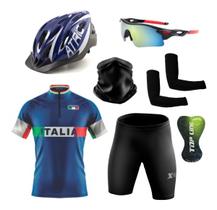 Conjunto de Ciclismo Camisa e Bermuda C/ Proteção UV + Capacete de Ciclismo C/ Luz Led + Óculos Esportivo Espelhado + Par de Manguitos + Bandana