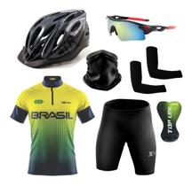 Conjunto de Ciclismo Camisa e Bermuda C/ Proteção UV + Capacete de Ciclismo C/ Luz Led + Óculos Esportivo Espelhado + Par de Manguitos + Bandana