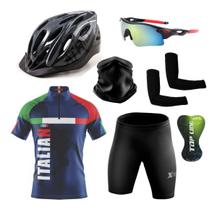 Conjunto de Ciclismo Camisa e Bermuda C/ Proteção UV + Capacete de Ciclismo C/ Luz Led + Óculos Esportivo Espelhado + Par de Manguitos + Bandana