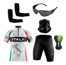 Conjunto de Ciclismo Camisa e Bermuda C/ Proteção UV + Óculos de Proteção Preto Anti-Risco + Par de Manguitos + Bandana