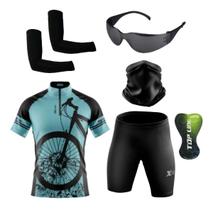 Conjunto de Ciclismo Camisa e Bermuda C/ Proteção UV + Óculos de Proteção Preto Anti-Risco + Par de Manguitos + Bandana - XFreedom