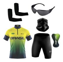 Conjunto de Ciclismo Camisa e Bermuda C/ Proteção UV + Óculos de Proteção Preto Anti-Risco + Par de Manguitos + Bandana