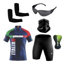 Conjunto de Ciclismo Camisa e Bermuda C/ Proteção UV + Óculos de Proteção Preto Anti-Risco + Par de Manguitos + Bandana