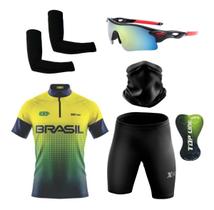 Conjunto de Ciclismo Camisa e Bermuda C/ Proteção UV + Óculos Esportivo Espelhado ou C/ Lente Escura + Par de Manguitos + Bandana - XFreedom