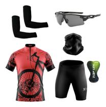 Conjunto de Ciclismo Camisa e Bermuda C/ Proteção UV + Óculos Esportivo Espelhado ou C/ Lente Escura + Par de Manguitos + Bandana