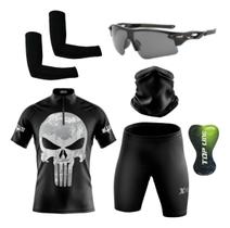 Conjunto de Ciclismo Camisa e Bermuda C/ Proteção UV + Óculos Esportivo Espelhado ou C/ Lente Escura + Par de Manguitos + Bandana