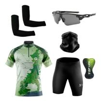 Conjunto de Ciclismo Camisa e Bermuda C/ Proteção UV + Óculos Esportivo Espelhado ou C/ Lente Escura + Par de Manguitos + Bandana