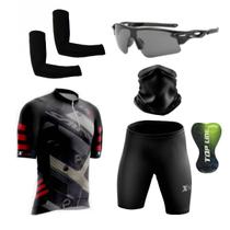 Conjunto de Ciclismo Camisa e Bermuda C/ Proteção UV + Óculos Esportivo Espelhado + Par de Manguitos + Bandana