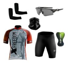 Conjunto de Ciclismo Camisa e Bermuda C/ Proteção UV + Óculos Esportivo Espelhado + Par de Manguitos + Bandana - XFreedom