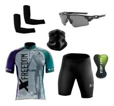 Conjunto de Ciclismo Camisa e Bermuda C/ Proteção UV + Óculos Esportivo Espelhado + Par de Manguitos + Bandana