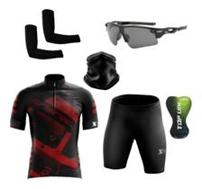 Conjunto de Ciclismo Camisa e Bermuda C/ Proteção UV + Óculos Esportivo Espelhado + Par de Manguitos + Bandana