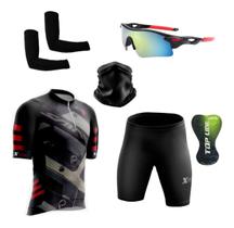 Conjunto de Ciclismo Camisa e Bermuda C/ Proteção UV + Óculos Esportivo Espelhado + Par de Manguitos + Bandana - XFreedom