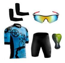 Conjunto de Ciclismo Camisa e Bermuda C/ Proteção UV + Óculos Esportivo Espelhado + Par de Manguitos - XFreedom