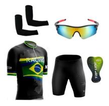 Conjunto de Ciclismo Camisa e Bermuda C/ Proteção UV + Óculos Esportivo Espelhado + Par de Manguitos - XFreedom