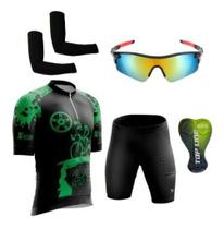 Conjunto de Ciclismo Camisa e Bermuda C/ Proteção UV + Óculos Esportivo Espelhado + Par de Manguitos