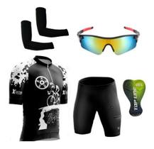 Conjunto de Ciclismo Camisa e Bermuda C/ Proteção UV + Óculos Esportivo Espelhado + Par de Manguitos