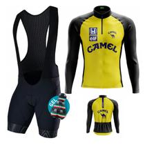 Conjunto de Ciclismo Camisa PRO e Bretelle Forro Gel Camiseta Proteção Uv Manga Longa Bolsos Traseiros