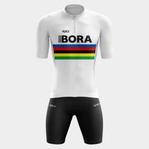 Conjunto de Ciclismo Camisa PRO Manga Curta Bora Branca e Bermuda Gel Cicloturismo Mtb