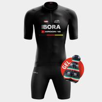 Conjunto de Ciclismo Camisa PRO Manga Curta Bora Preta Bermuda Gel Proteção Uv Cicloturismo