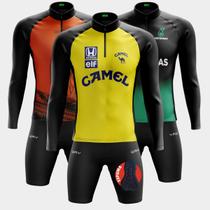 Conjunto de Ciclismo Masculino Bermuda Forro Espuma Bolsos Laterais e Camisa PRO Manga Longa 3 Bolsos Traseiros Proteção Uv Zíper