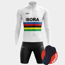 Conjunto de Ciclismo Masculino Bora Branca Manga Longa e Bermuda ESPUMA