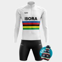 Conjunto de Ciclismo Masculino Bora Branca Manga Longa e Bermuda GEL