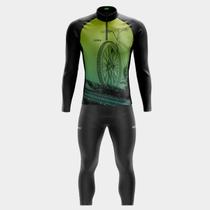 Conjunto de Ciclismo Masculino - Camisa Bike Roda Verde Degradê ML (Pro) e Calça GEL