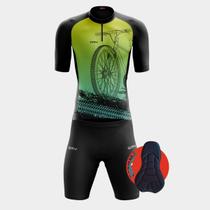 Conjunto de Ciclismo Masculino - Camisa Bike Roda Verde Degradê (PRO) e Bermuda Espuma