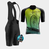 Conjunto de Ciclismo Masculino - Camisa Bike Roda Verde Degradê (PRO) e bretelle GEL Conjunto de Ciclismo Masculino - Camisa Bike Roda Verde Degradê (PRO) e bretelle GEL