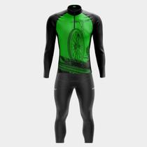 Conjunto de Ciclismo Masculino- Camisa Bike Roda Verde Manga Longa e Calça GEL