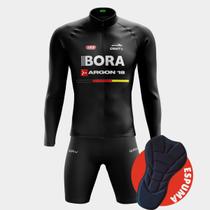 Conjunto de Ciclismo Masculino- Camisa Bora Preta Manga Longa e Bermuda Espuma