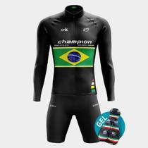 Conjunto de Ciclismo Masculino- Camisa Champion Brasil MANGA LONGA (PRO) e Bermuda GEL WAY