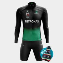 Conjunto de Ciclismo Masculino - Camisa Petronas Preta Manga Longa e Bermuda GEL Conjunto de Ciclismo Masculino - Camisa Petronas Preta Manga Longa e Bermuda GEL