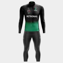 Conjunto de Ciclismo Masculino- Camisa Petronas Preta Manga Longa e Calça GEL