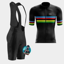 Conjunto de Ciclismo Masculino Camisa Premium e Bretelle Forro Gel Camiseta Proteção Uv Manga Curta Ziper Bolsos