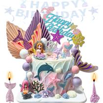 Conjunto de cobertura de bolo XLMJDZQ Mermaid com vela e decorações, 31 unidades Conjunto de cobertura de bolo XLMJDZQ Mermaid com vela e decorações, 31 unidades