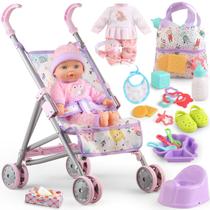 Conjunto de Cochecito para Muñeca Bebé YIYBM con Muñeca de 12.5" y 17 Accesorios Conjunto de Cochecito para Muñeca Bebé YIYBM con Muñeca de 12.5" y 17 Accesorios