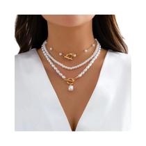 Conjunto De Colar Com Pingente De Fivela OT De Pérolas Imitadas Multicamadas Para Mulheres, Conjunto De Colar Com Pingente De Fivela OT De Pérolas Imitadas Multicamadas Para Mulheres,