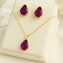 Conjunto de colar e brinco gota folheado várias cores