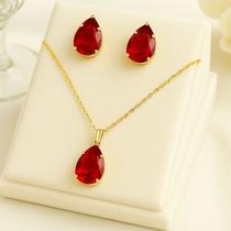 Conjunto de colar e brinco gota folheado várias cores